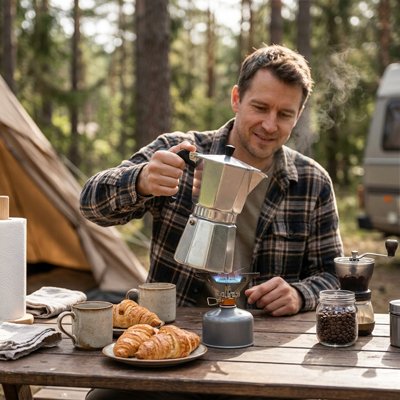 Cafetiere italienne avec homme installant sur le feu au gaz