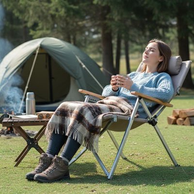 Chaise pliante de Camping avec femme qui se détend au soleil