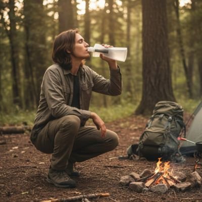 Gourde filtrante personne dans le bois avec sa bouteille d'eau
