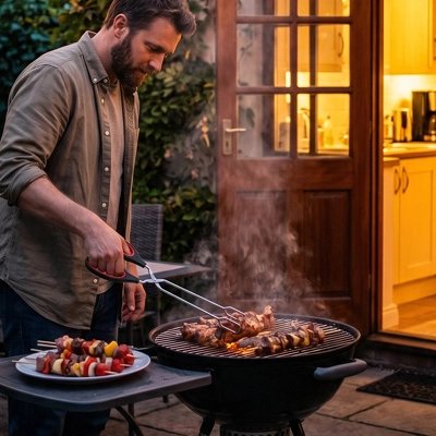 Pince barbecueavec homme qui se prépare a cuir