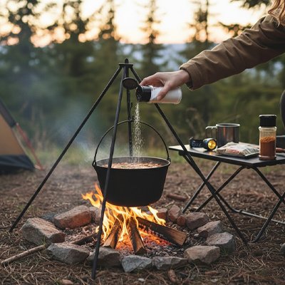Pot a epice personne assaisonnant un plat mijoter sur feu extérieur