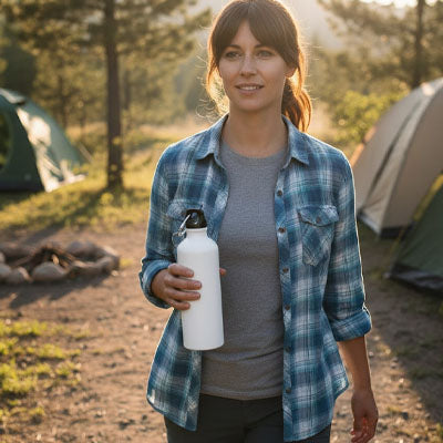 Gourde-isothermique-femme-marche-entre-tente-camping