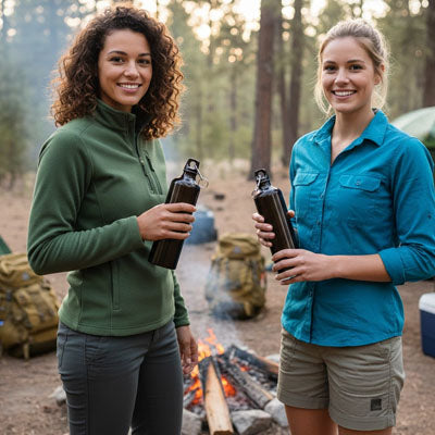 Gourde-isotherme-deux-dame-autour-feu-camping