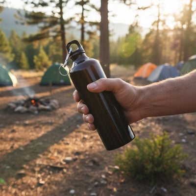 Gourde-isotherme-noir camping-tente-feu-de-camps