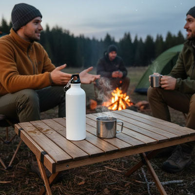 Gourde-isothermique-table-tasse-près-feu-de-camp