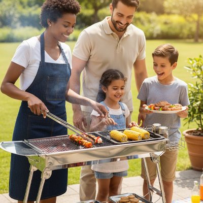 Barbecue extérieur famille prepare le repas