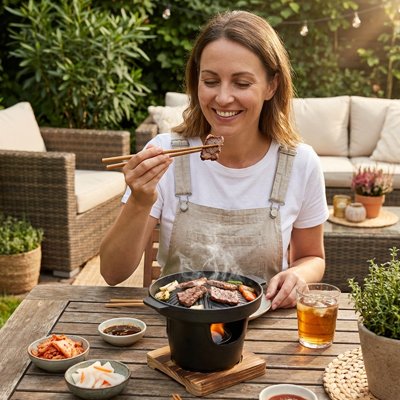 Barbecue japonais avec personne degustant repas