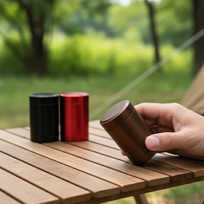 Boite a cafe​ 3 couleur sur la table extérieur 