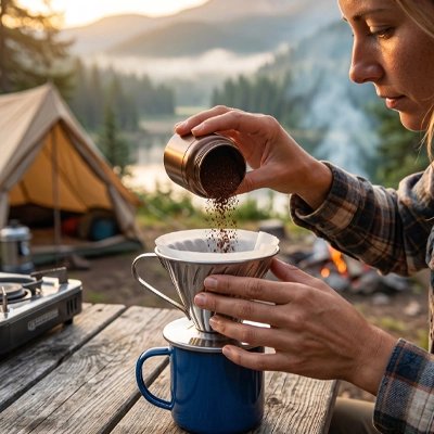 Boite a café avec femme qui se prépare un café 
