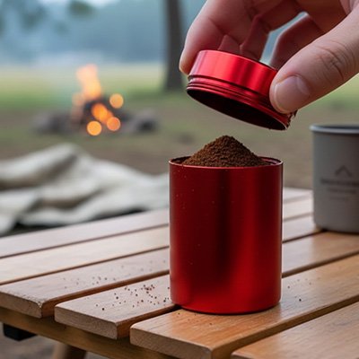 Boite a cafe​ avec grain à l'intérieur sur une table