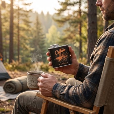 Boite a café avec homme qui tien son café