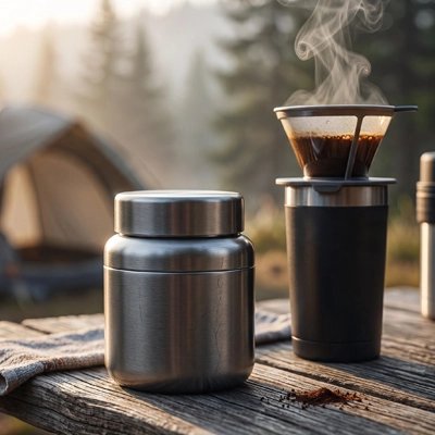 Boite a café avec tasse et filtre a café sur table