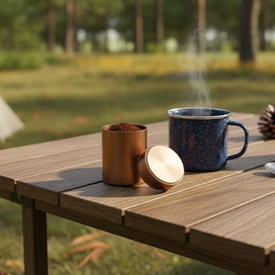 Boite a cafe​ avec tasse sur table de camping
