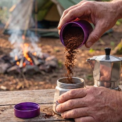 Boite a café avec une personne qui verse des grain de café