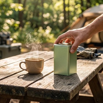 Boite a café avec une tasse fumante sur table a pique nique