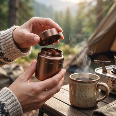 Boite a café en extérieur avec personne préparant un café