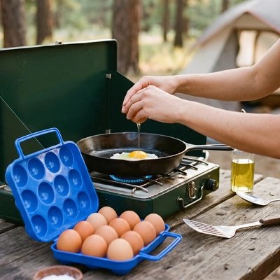 Boite à oeufs grand bleu sur table a pique nique
