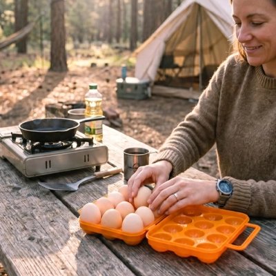 Boite à oeufs grande orange femme prépare déjeuner