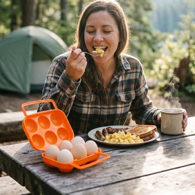 Boite à oeufs petit orange avec femme qui prend son petit déjeuner