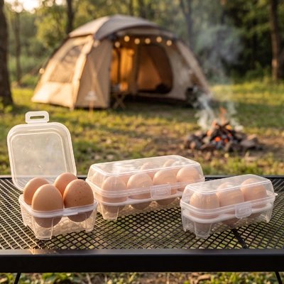 Boite à œufs de différent format sur table en camping