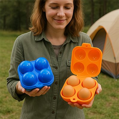 Boite à œufs montré par la dame en camping