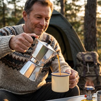 Cafetiere italienne avec homme versant le café dans une tasse