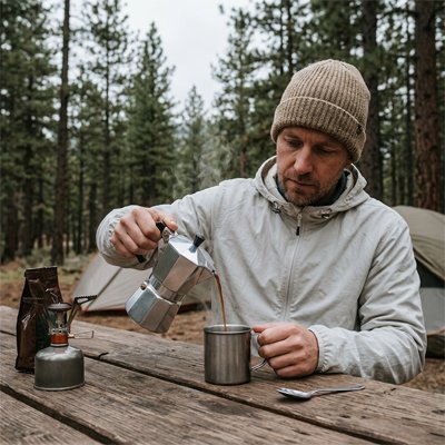 Cafetiere italienne avec personne versant du café en camping