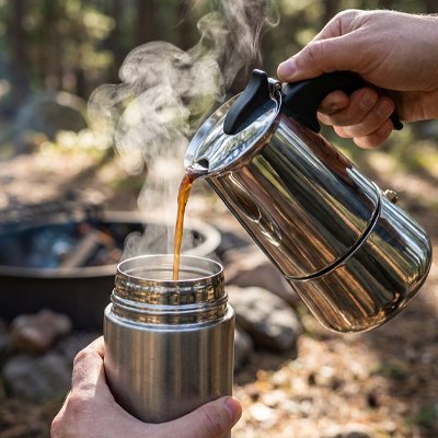 Cafetière italienne verse café dans un thermos 