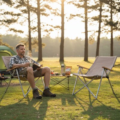Chaise pliante de Camping avec homme prenant une boisson chaude