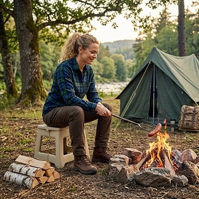 Femme assis sur Tabouret pliable autour d'un feu de camps