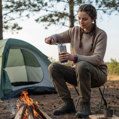 Femme utilise Moulin a café​ pour son breuvage du matin