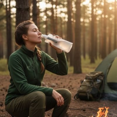 Gourde filtrante femme avec sa gourde au camping