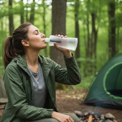 Gourde filtrante femme qui se désaltère avec son eau filtrer