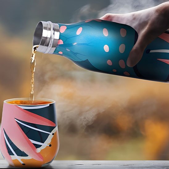 Gourde isotherme bouteille qui verse liquide dans une tasse