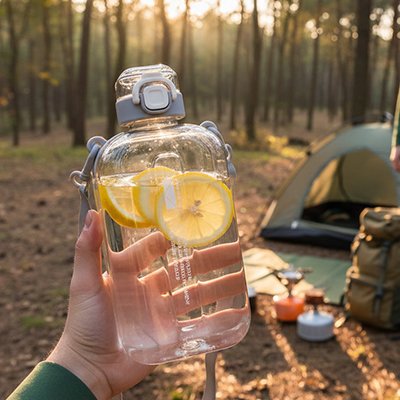 Gourde plastique blanc avec citron et de l'eau en camping
