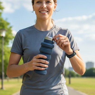 Gourde pliable femme en prenant une marche