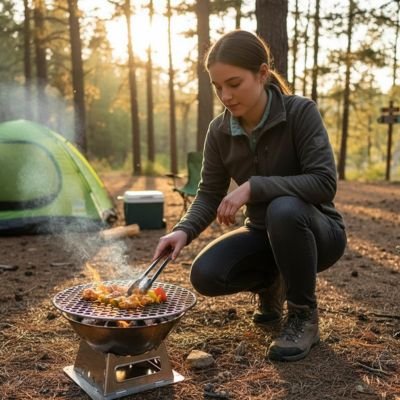 Grille barbecue ronde​ avec femme cuit nourriture sur charbon