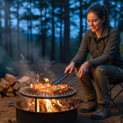 Grille barbecue ronde​ avec femme qui prépare le diner