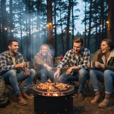Grille barbecue ronde​ avec festivité autour de feu de camp