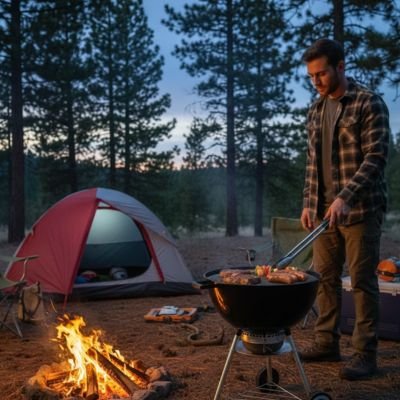 Grille barbecue ronde​ sur barbecue avec grillade