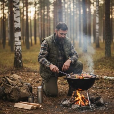 Grille barbecue ronde​ sur feu de camps