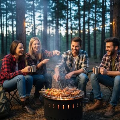Grille barbecue ronde​ sur un feu de camp avec odeur des aliments cuit