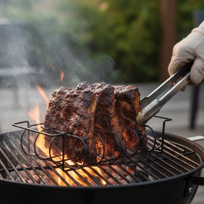 Grille barbecue support avec viande sur barbecue