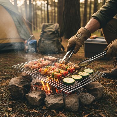 Grille barbecue sur feu de camp
