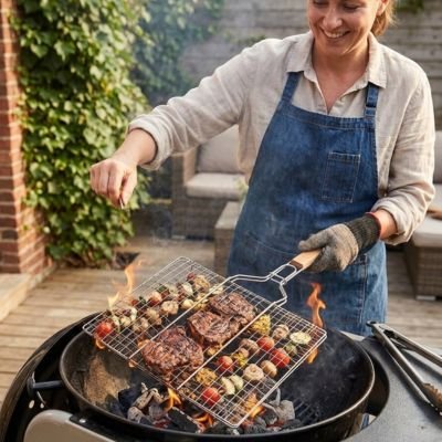 Grille pour barbecue femme qui retire aliment sans faire tombé