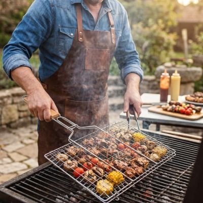 Grille pour barbecue homme qui retourne les aliment en une seul fois