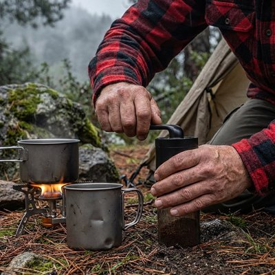 Moulin a café​ a coté d'un feu au propane