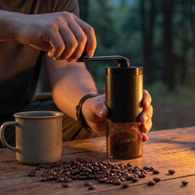 Moulin a café​ avec homme en action a l'extérieur