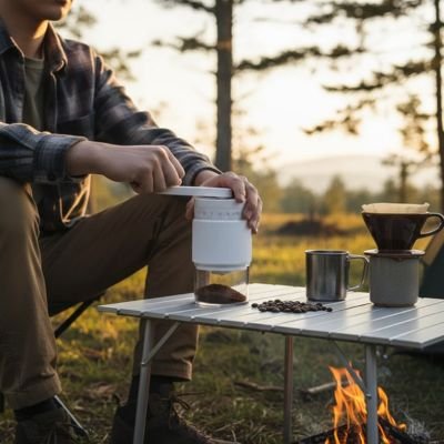 Moulin a café manuelle blanc sur table en camping​