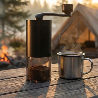 Moulin a café​ noir avec tasse sur table extérieur